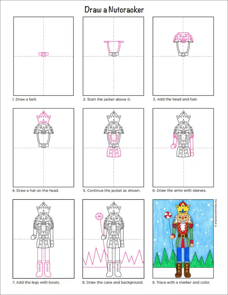 A step by step tutorial for how to draw an easy Nutcracker, also available as a free download.