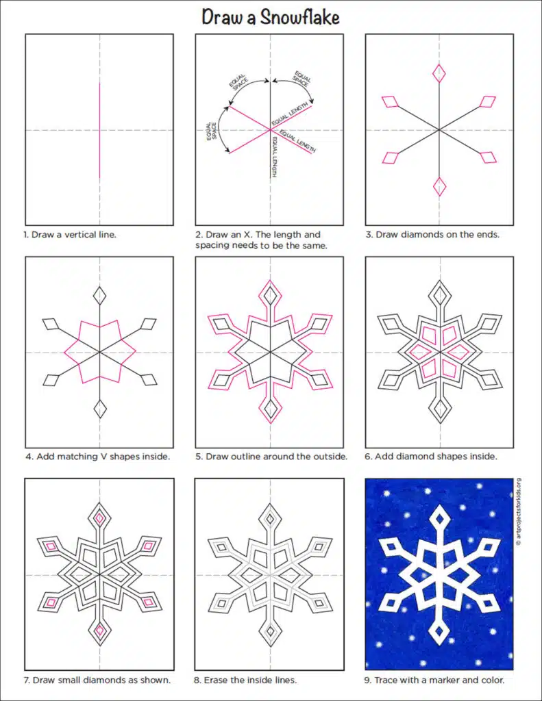 A step by step tutorial for how to draw an easy snowflake, also available as a free download.