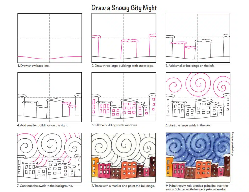 A step by step tutorial for how to draw an easy Snowy City, also available as a free download.