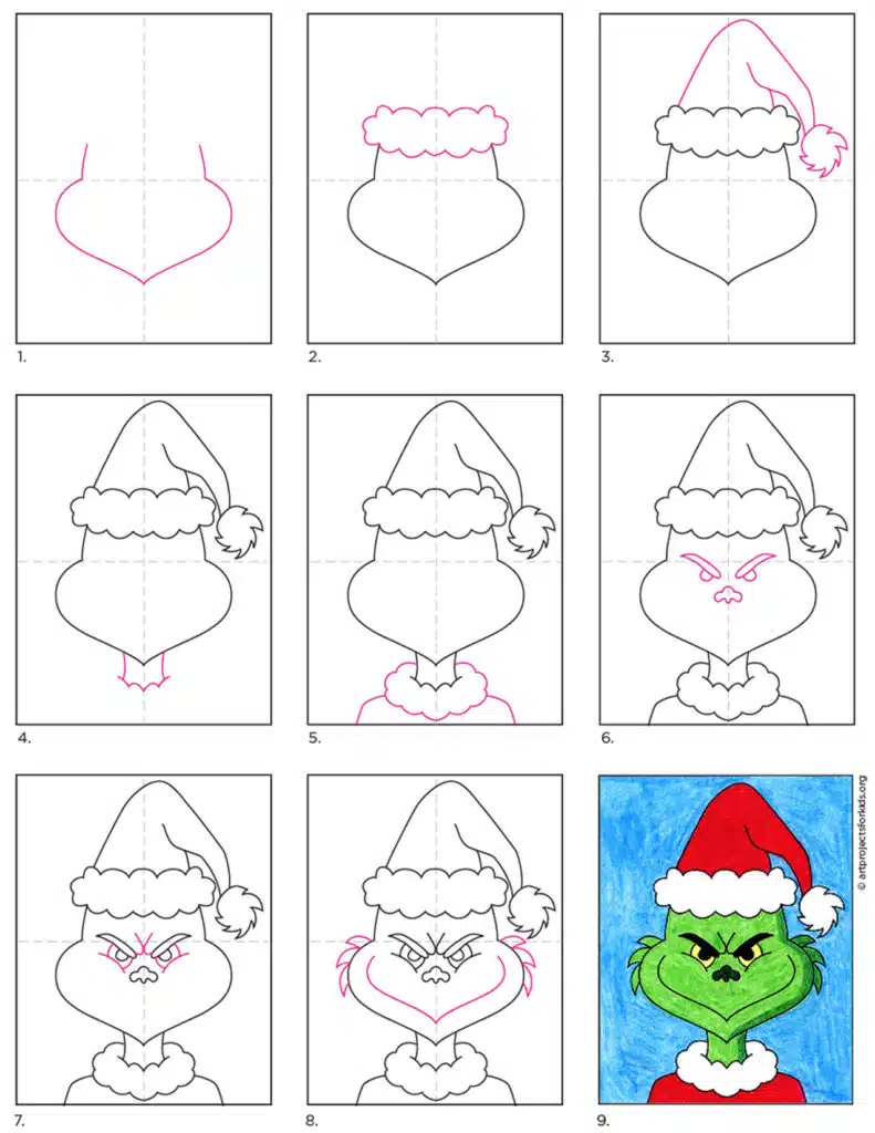 A step by step tutorial for how to draw an easy Grinch, also available as a free download.