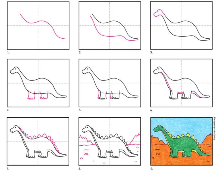 Easy How To Draw An Easy Dinosaur Tutorial & Dino Coloring Page