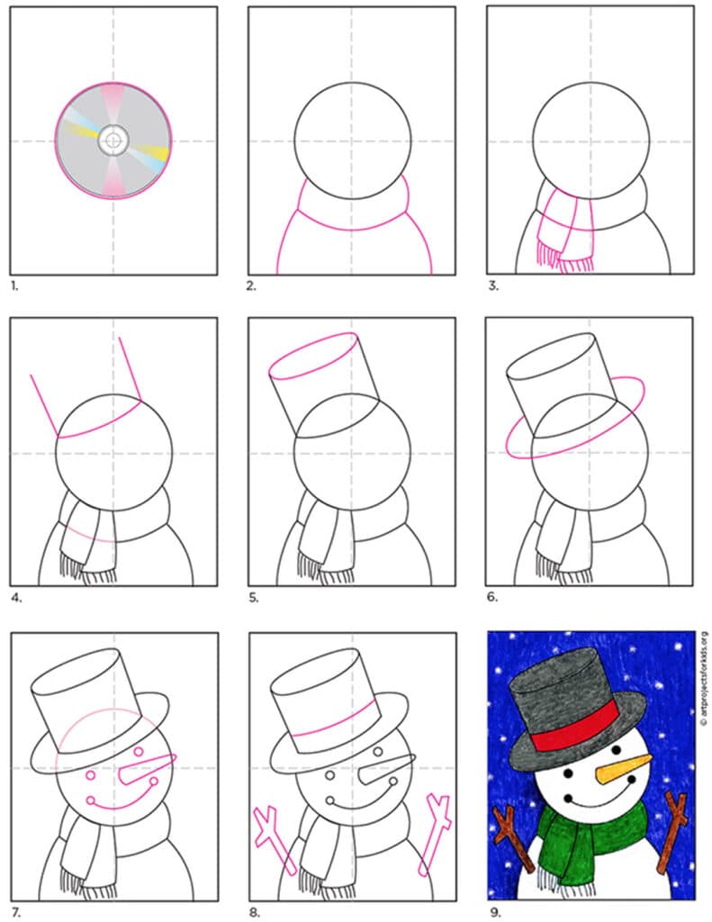 A step by step tutorial for how to draw a cute snowman, also available as a free PDF.