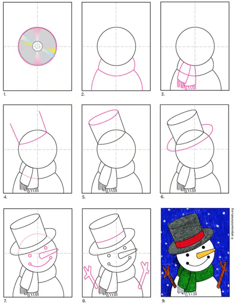 A step by step tutorial for how to draw a cute snowman, also available as a free download.