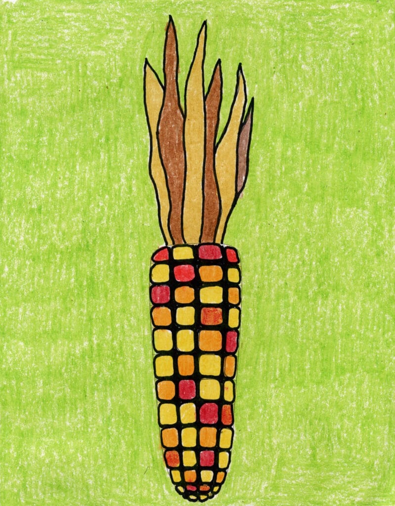 A drawing of corn, made with the help of an easy step by step tutorial.