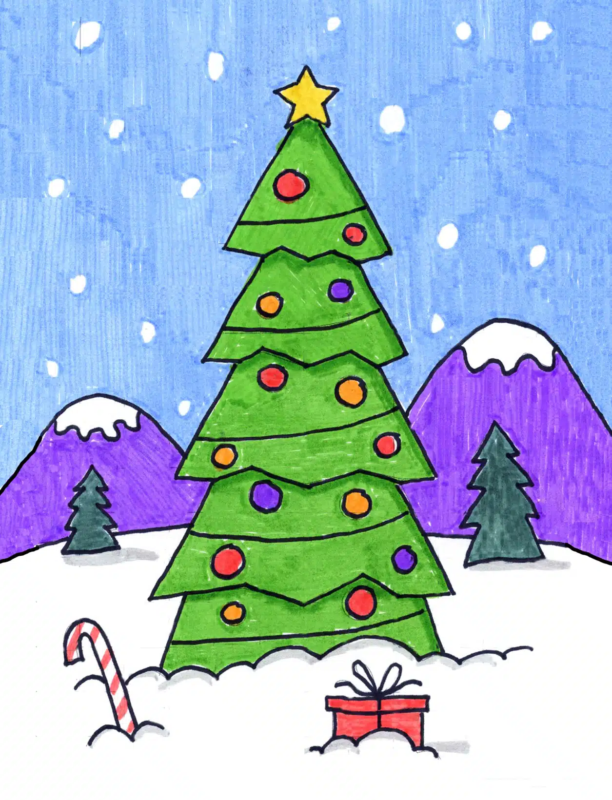 How to Draw a Christmas Tree with Lights (easy for kids)-saigonsouth.com.vn