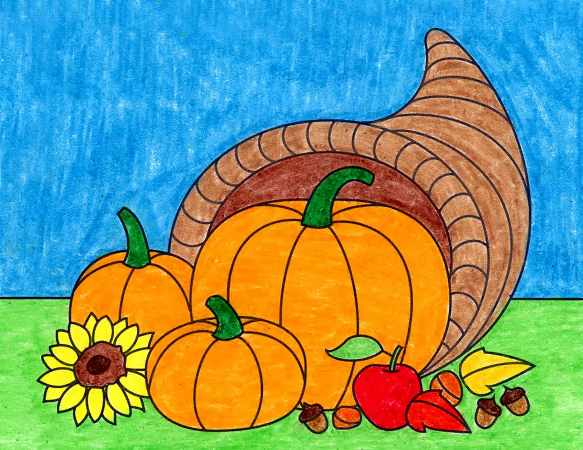 Easy How to Draw a Cornucopia Tutorial Video and Cornucopia Coloring Page