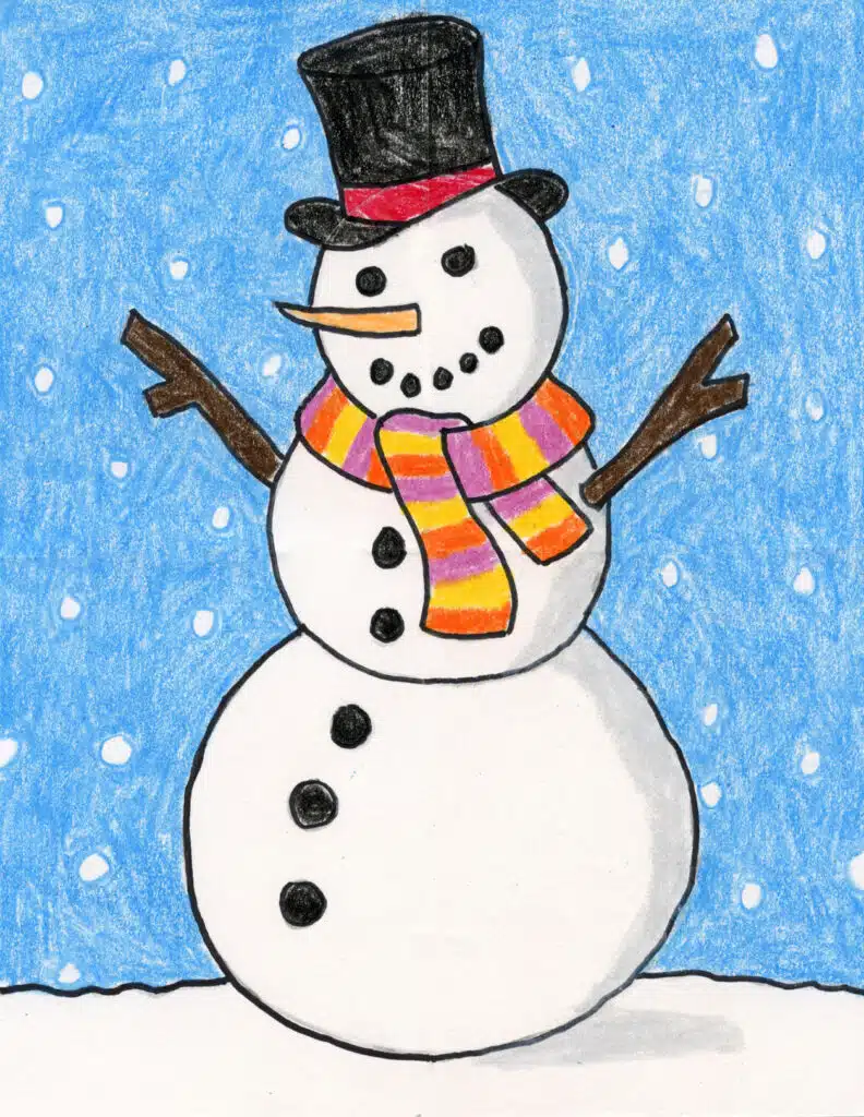 A drawing of a Snowman, made with the help of an easy step by step tutorial.