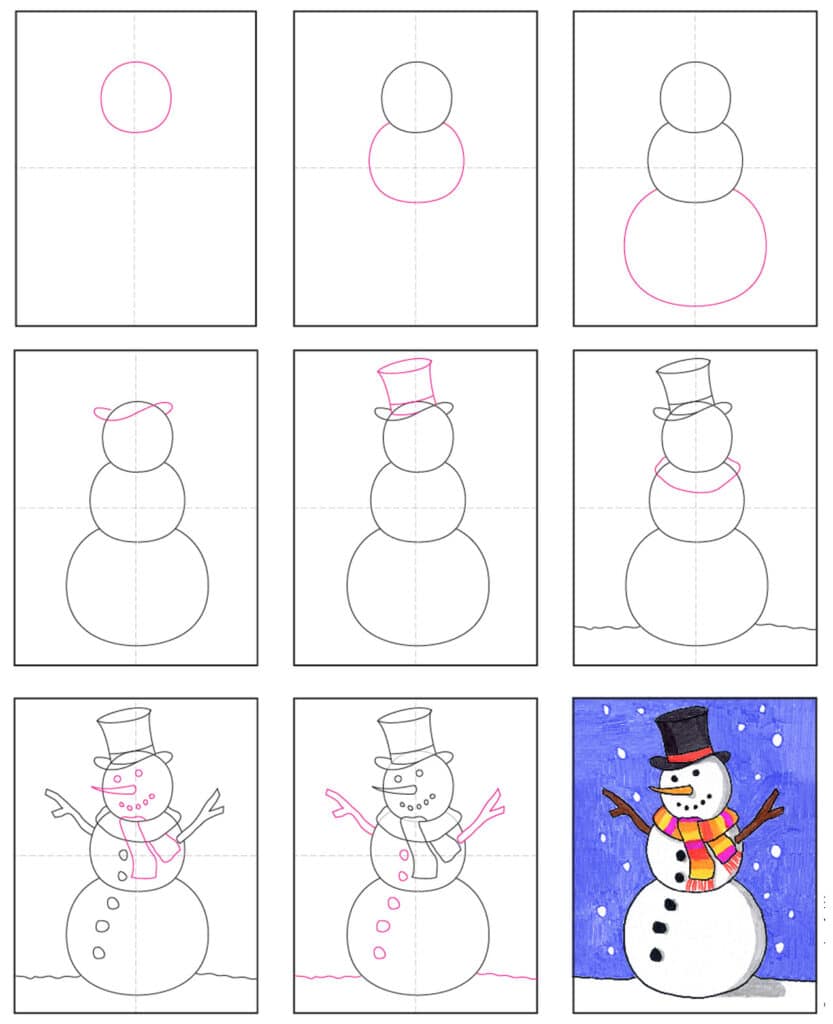 A step by step tutorial for how to draw an easy Snowman, also available as a PDF.