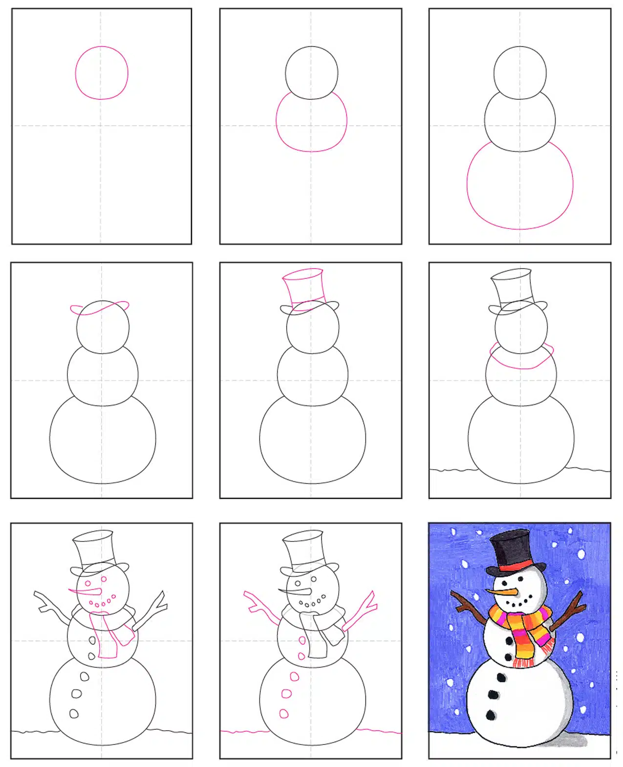 Snowman Drawing Easy Step By Step + Printable - Fun with Mama