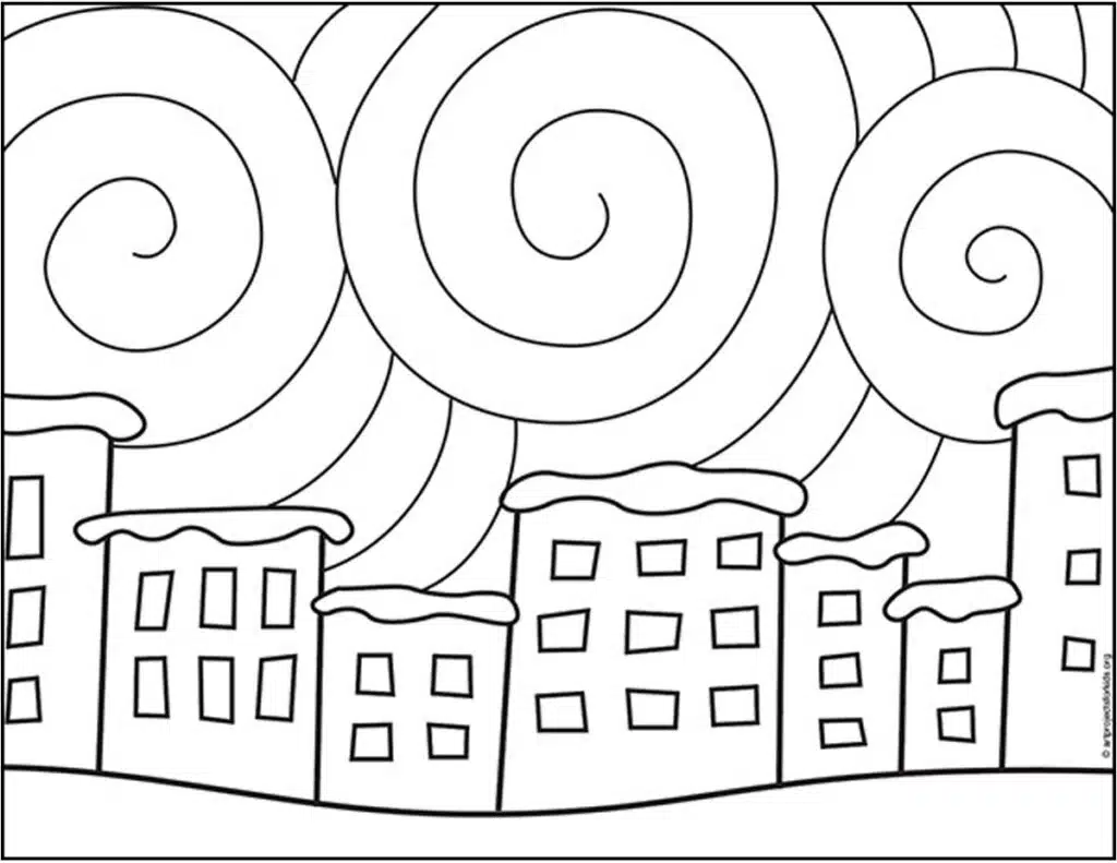 Snowy City Coloring Page web — Activity Craft Holidays, Kids, Tips