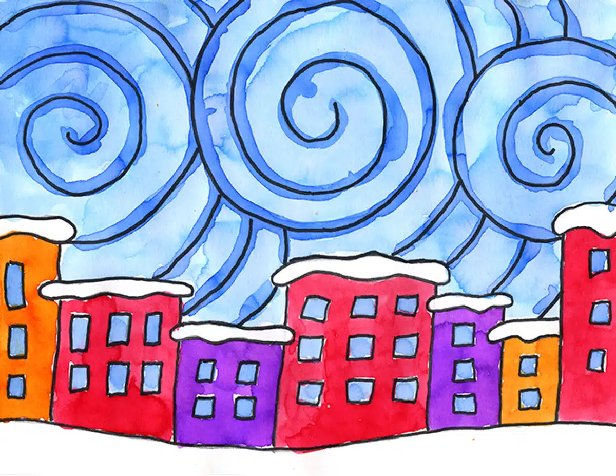 Easy How to make a Snowy City Painting Video and Snowy City Coloring Page