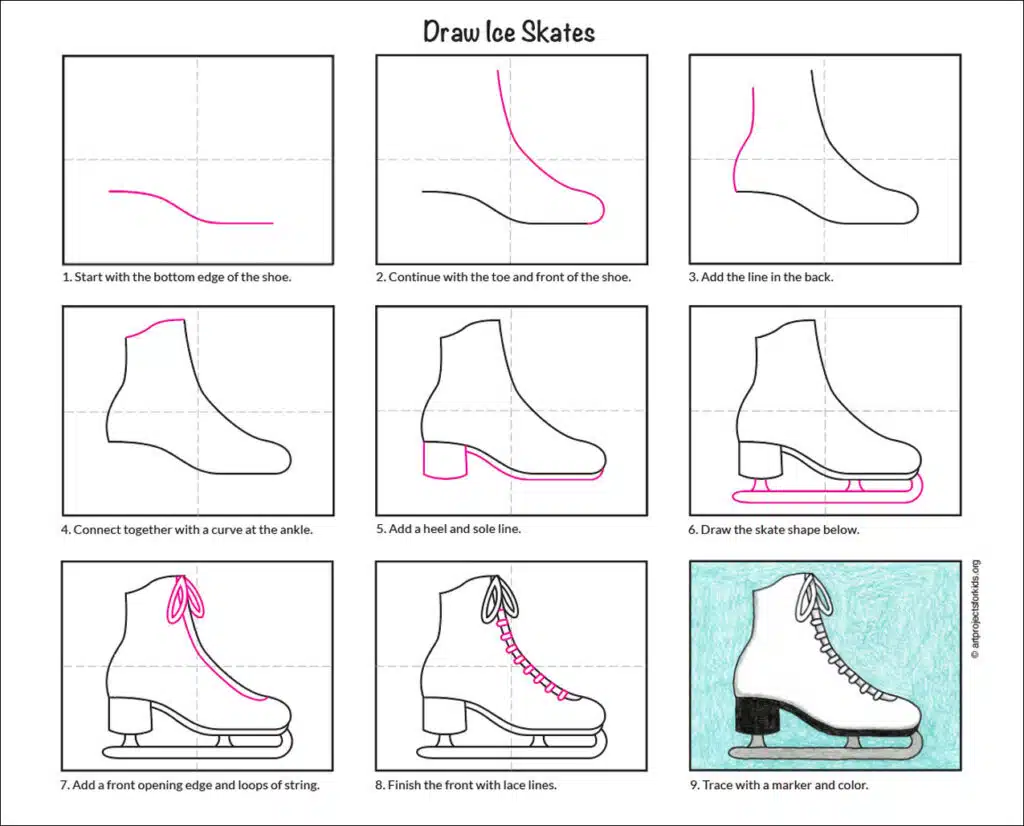 A step by step tutorial for how to draw ice skates, also available as a free download.
