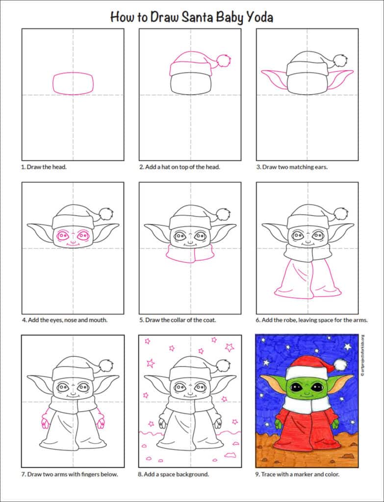 A step by step tutorial for how to draw an easy Santa Baby Yoda, also available as a free download.