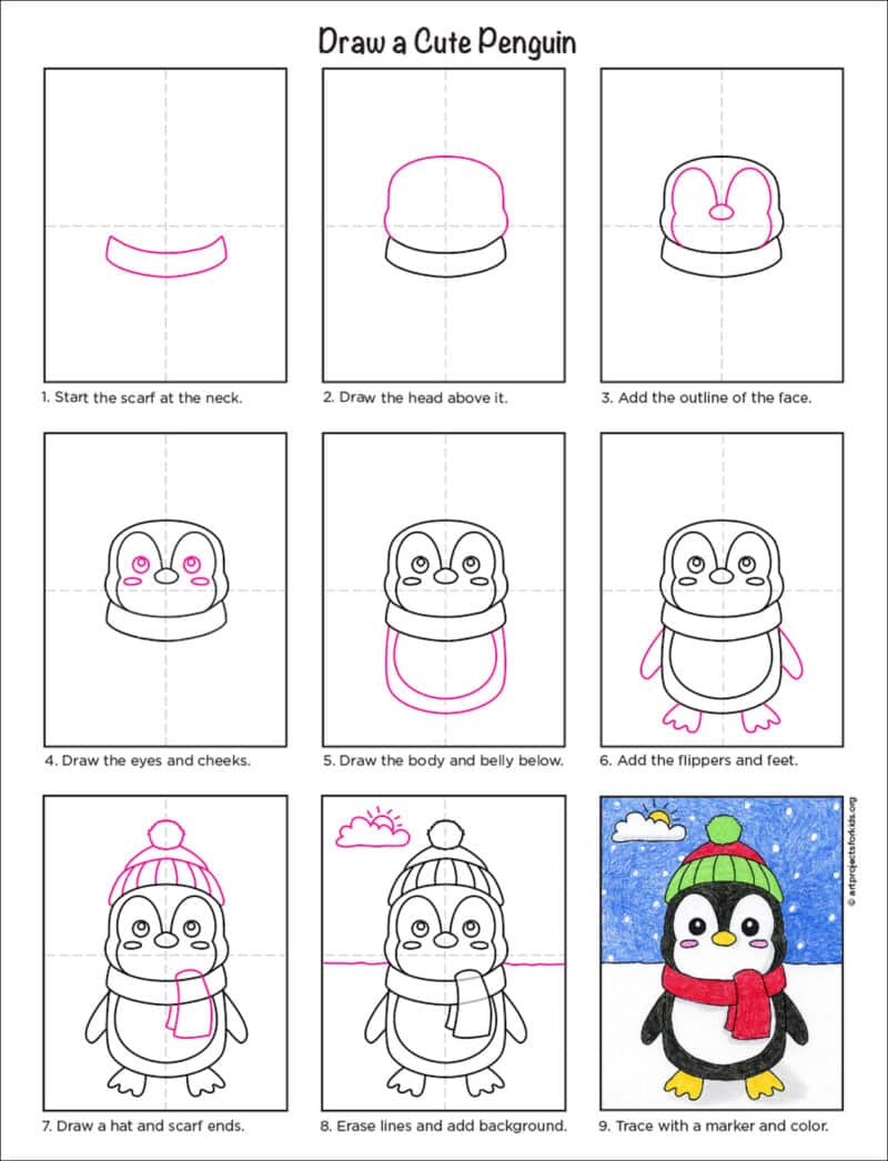 Easy How to Draw a Cute Penguin Tutorial, Penguin Coloring Page