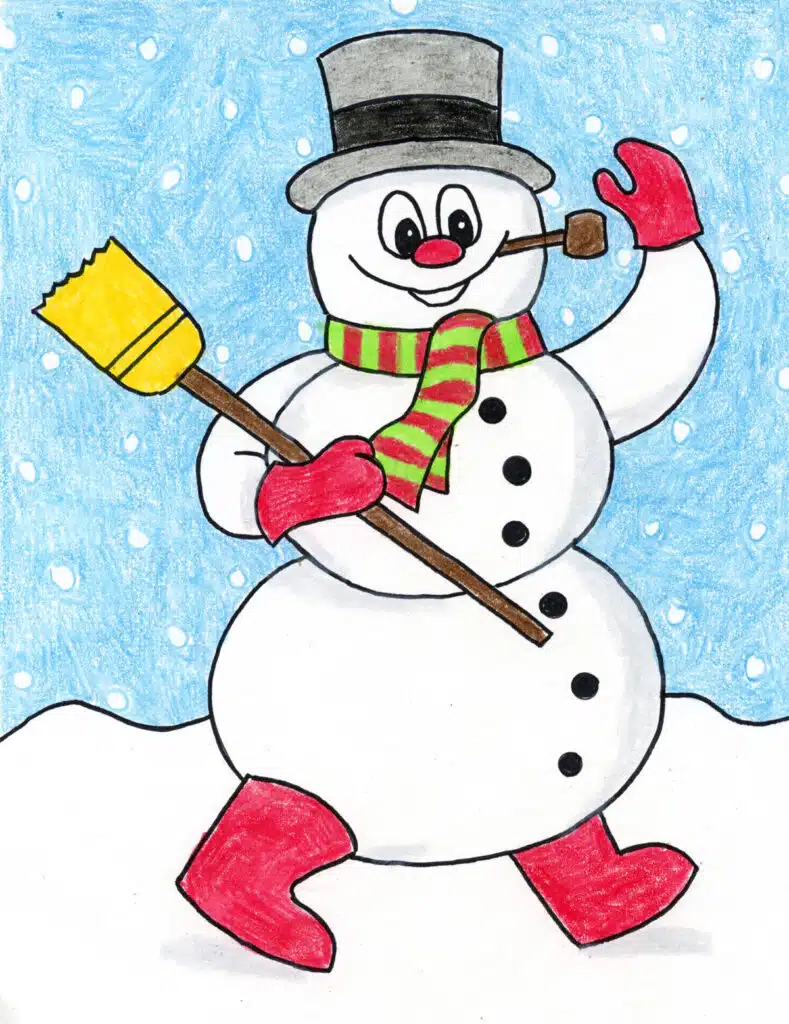 A drawing of Frosty the Snowman, made with the help of an easy step by step tutorial.