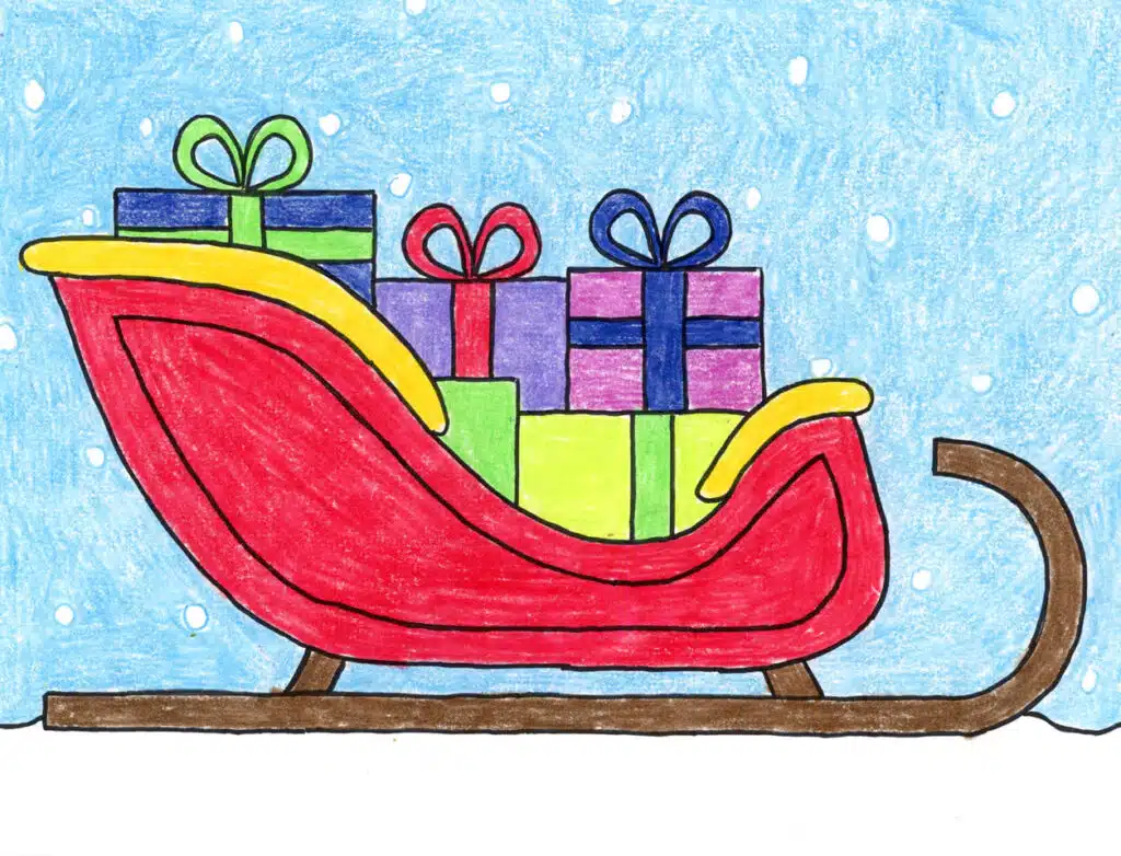 A drawing of Santa’s Sleigh, made with the help of an easy step by step tutorial.