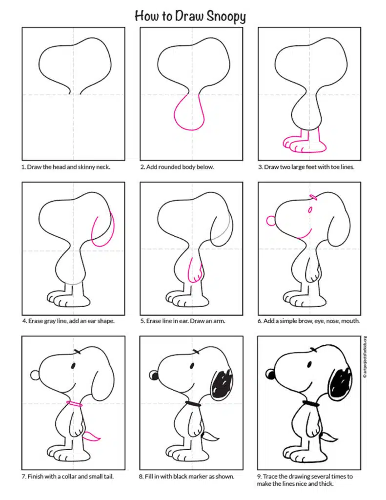 Easy How to Draw Snoopy Tutorial and Snoopy Coloring Page