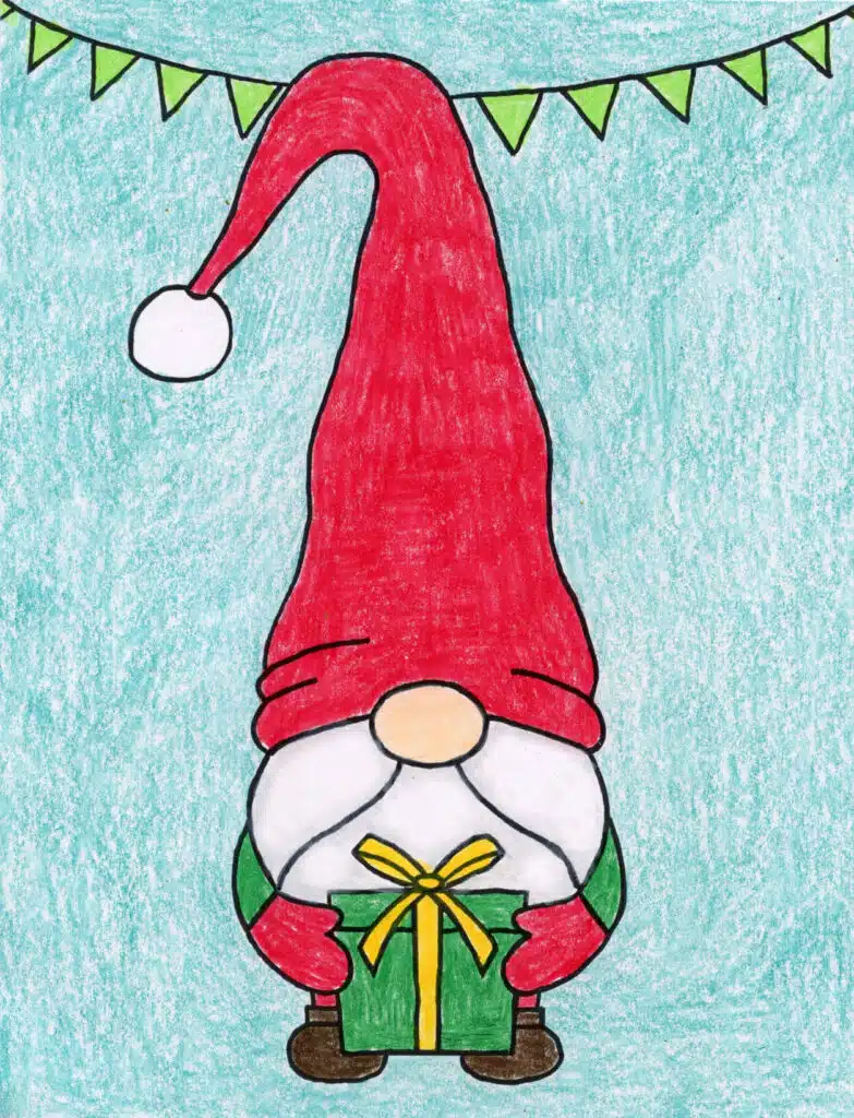 A drawing of a Christmas Gnome, made with the help of an easy step by step tutorial.