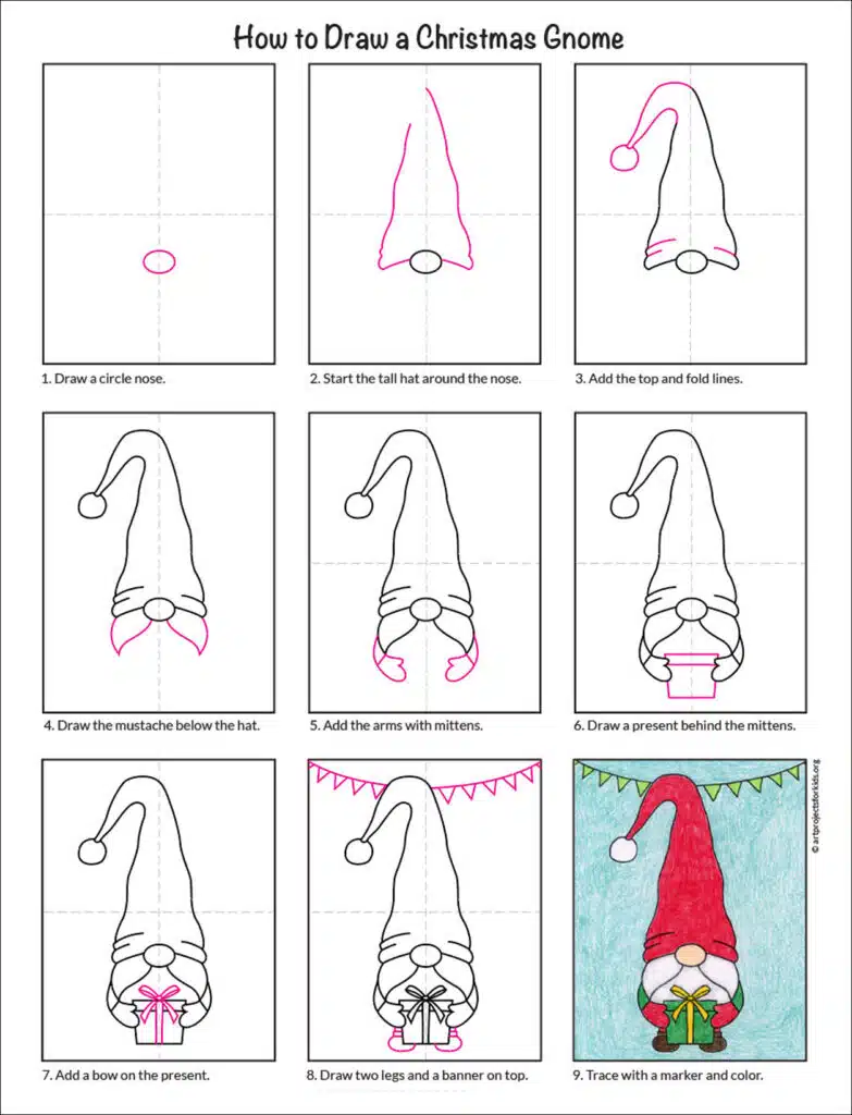 A step by step tutorial for how to draw an easy Christmas Gnome, also available as a free download.