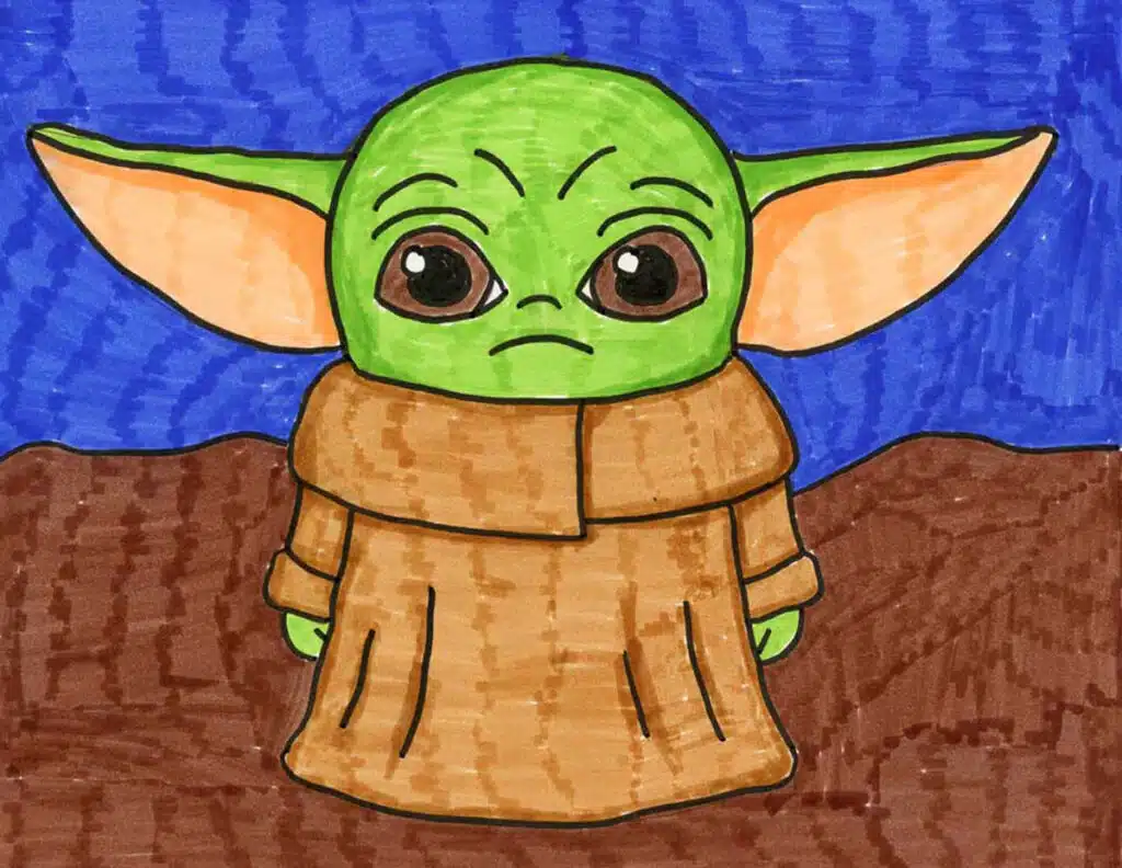 A drawing of Baby Yoda, made with the help of a step by step tutorial.