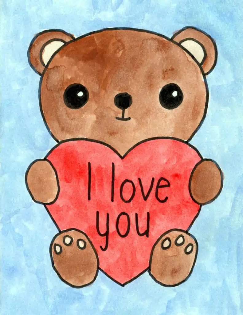 A drawing of a Valentine Bear, made with the help of an easy step by step tutorial.