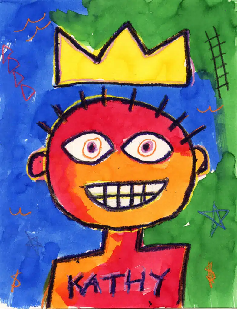 A Jean Michel Basquiat art project, drawn with the help of a step-by-step tutorial.