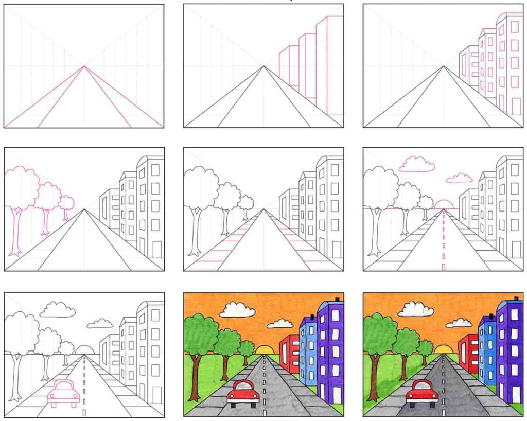 A step by step tutorial for how to draw an easy City with One Point Perspective, also available as a free PDF.