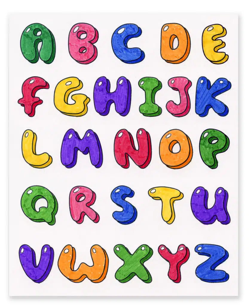 A drawing of Bubble Letters, made with the help of an easy step by step tutorial.