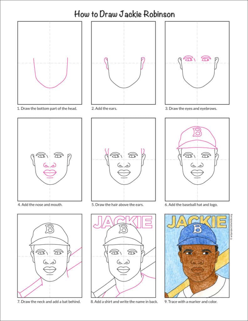 A diagram of a step by step tutorial for how to draw Jackie Robinson. Stop by and grab yours for free.