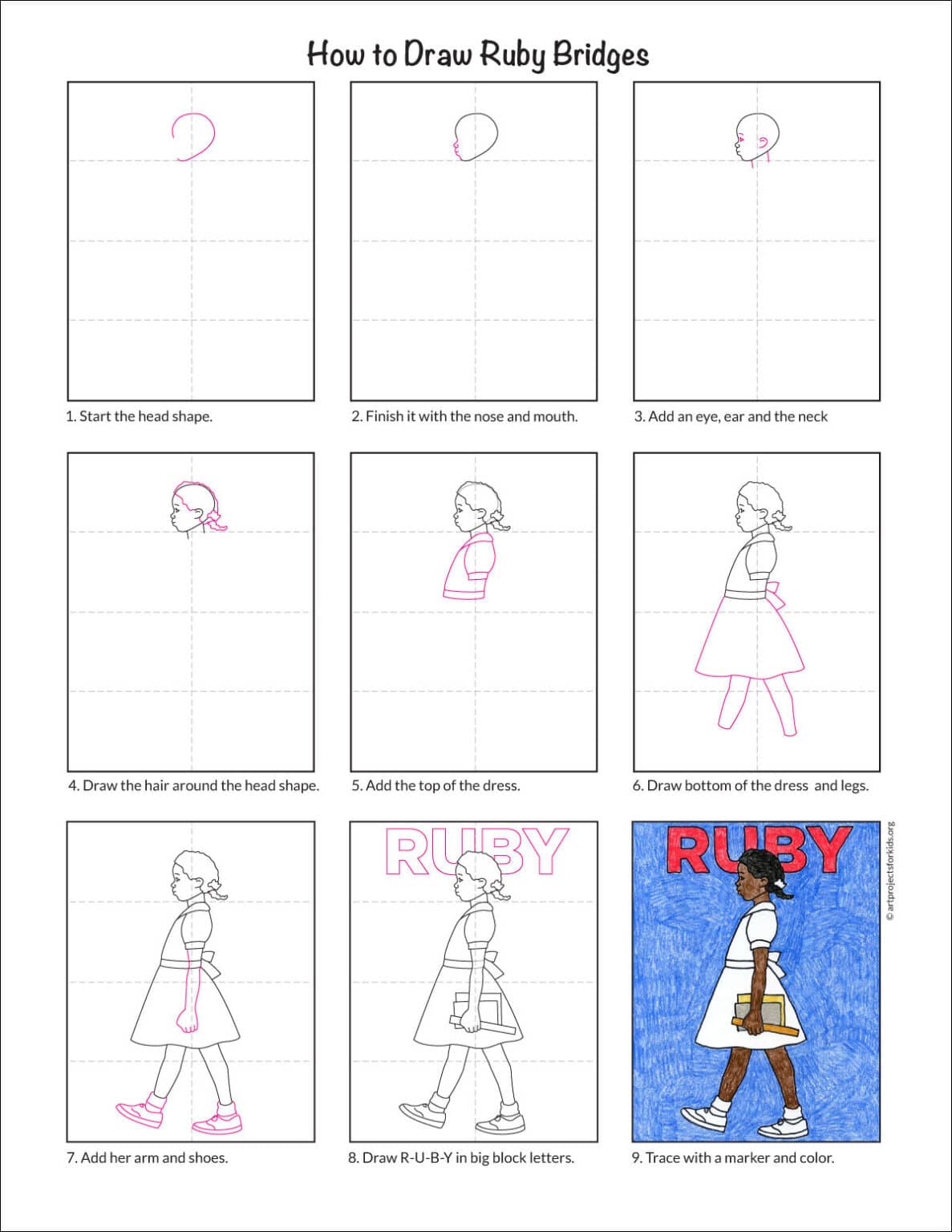 Easy How to Draw Ruby Bridges Tutorial and Ruby Coloring Page