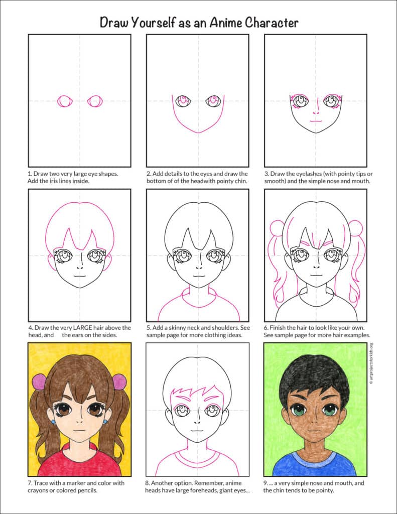 How to draw yourself as an Anime character step by step tutorial, available as a free download.