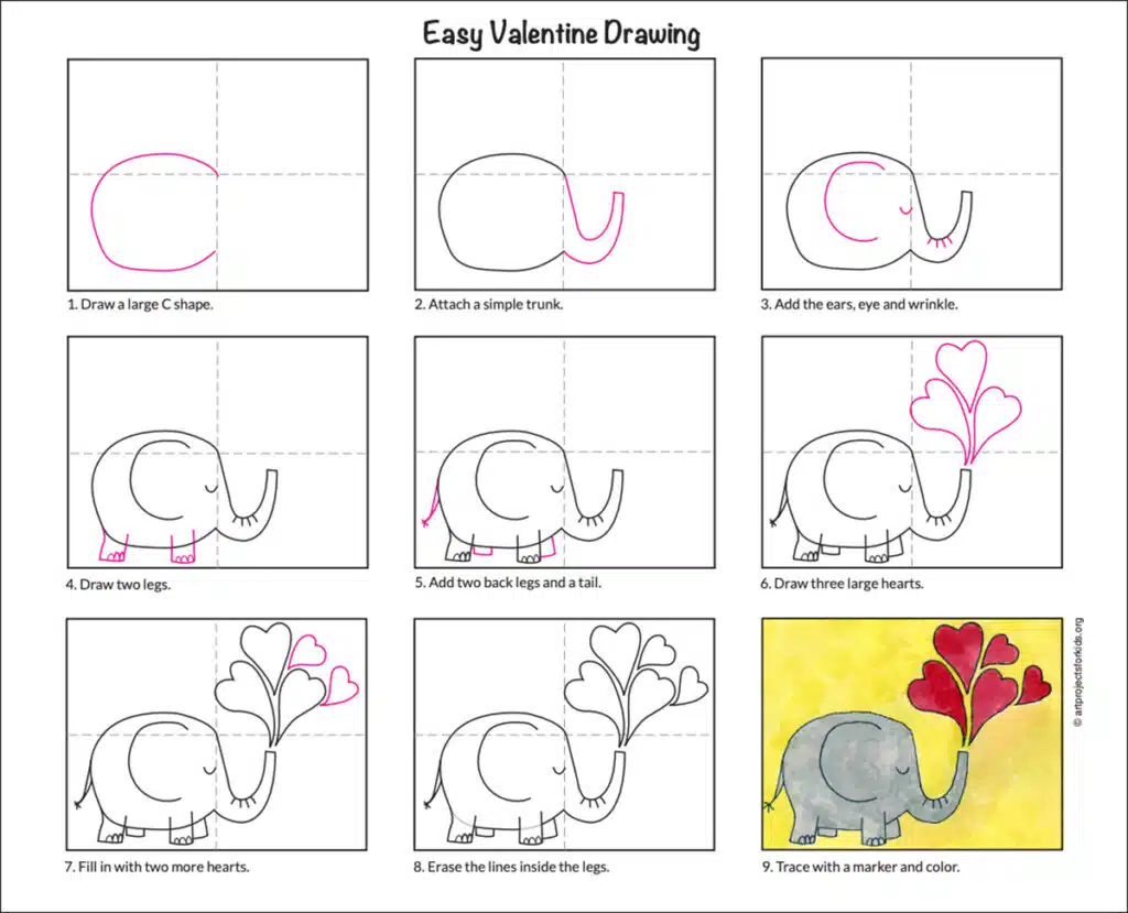 A step by step tutorial for an easy Valentine Drawing, also available as a free download.