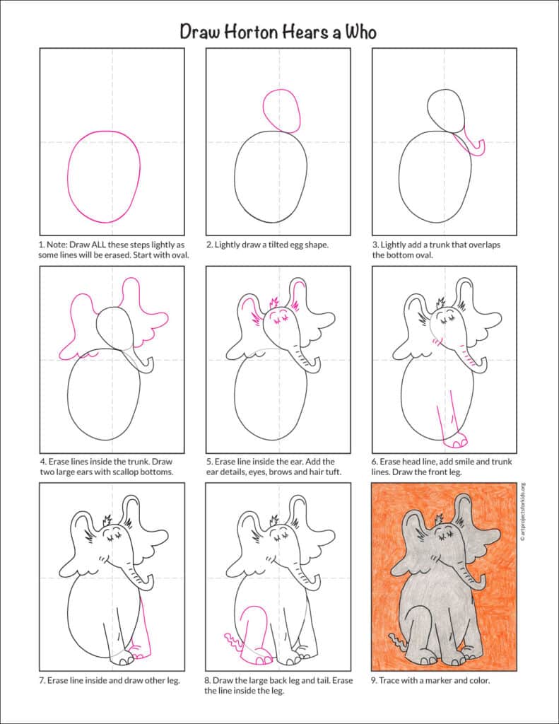 A step by step diagram of how to draw Horton Hears a Who.