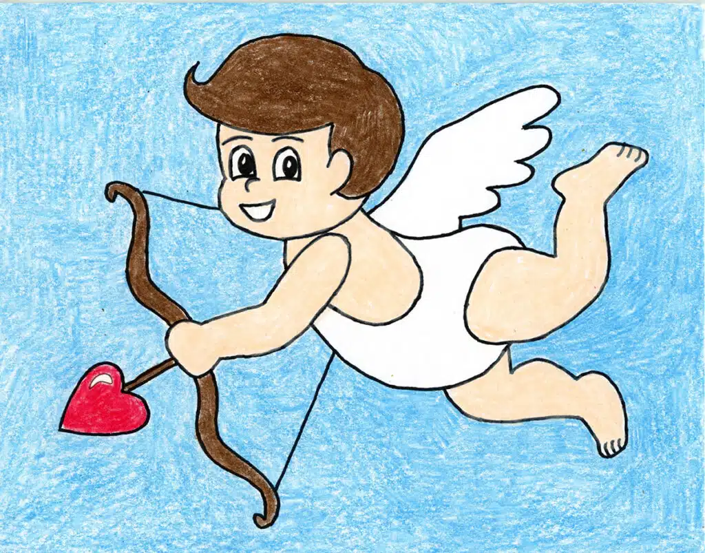 A drawing of Cupid, made with the help of a step by step tutorial, which is available as a free download.