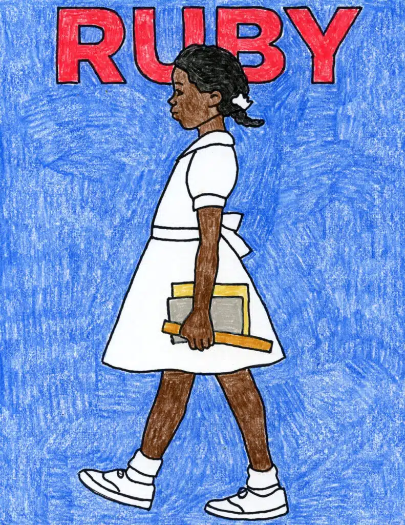 A drawing of Ruby Bridges, made with the help of a step by step tutorial.