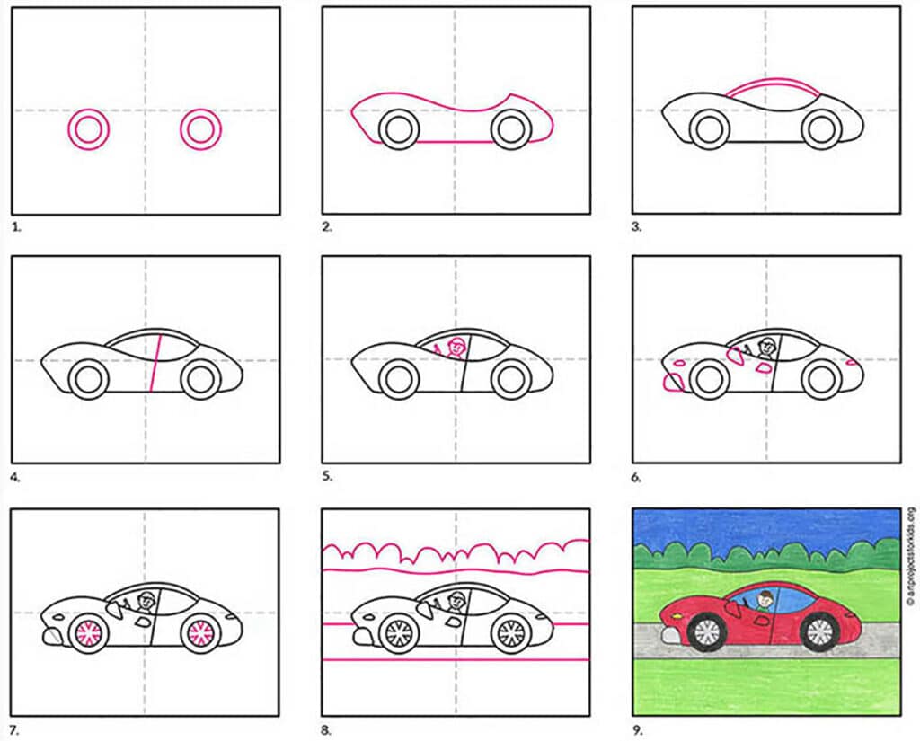 Step by step directions for how to draw a sports car, available as a free download.