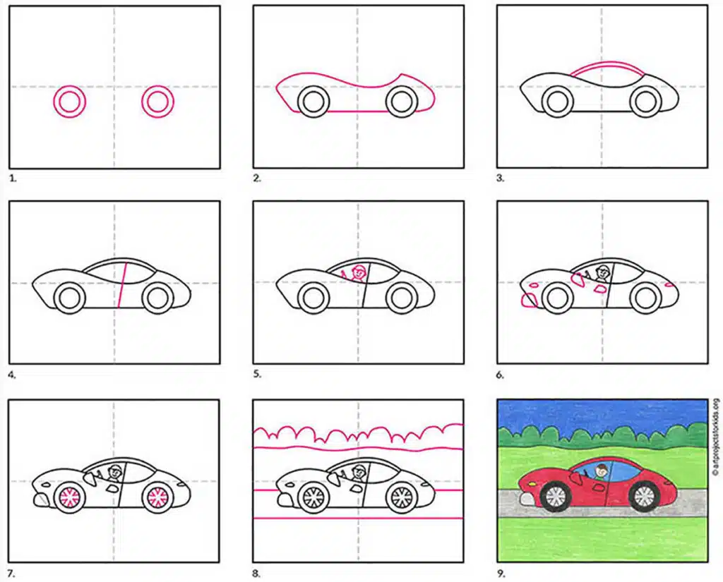 Step by step directions for how to draw a sports car, available as a free download.