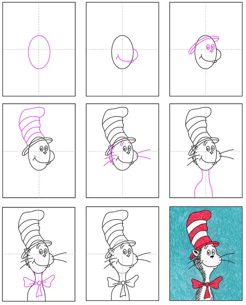 Пошаговая схема того, как нарисовать кота в шляпе, доступна для бесплатного скачивания.
