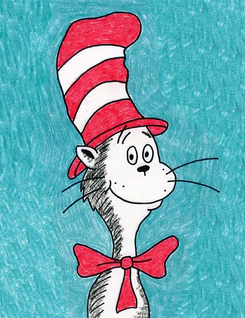 Рисунок кота в шляпе, выполненный с помощью простого пошагового урока. 