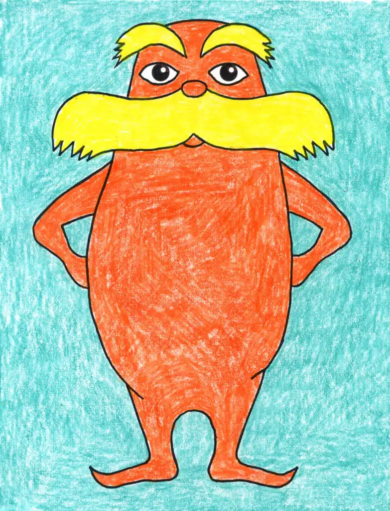 A Lorax drawing, made with the help of a step by step tutorial.