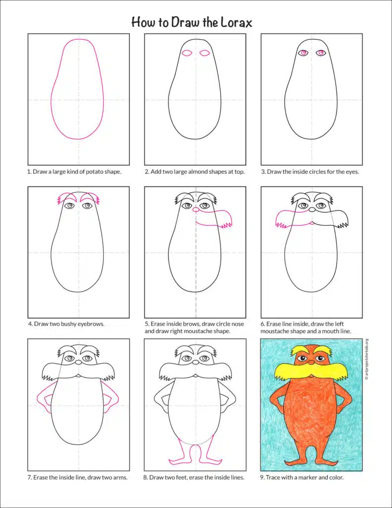 A step by step tutorial for how to draw a Lorax. Stop by and download yours for free.