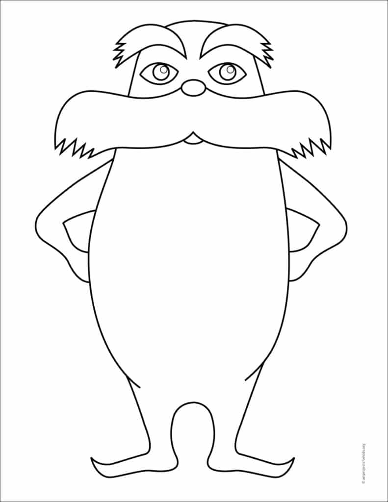 A Lorax coloring page, also available as a free download.