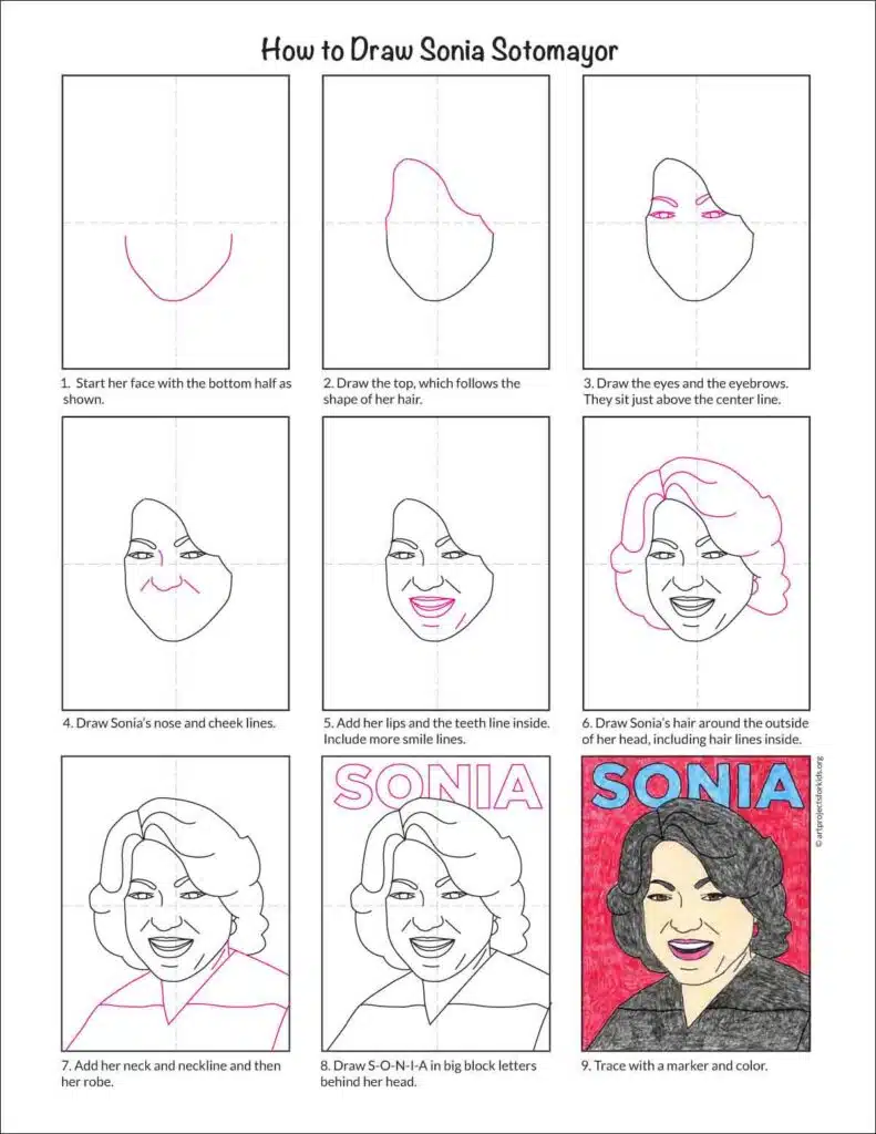A step by step diagram for how to draw Sonia Sotomayor. Stop by and download yours for free.