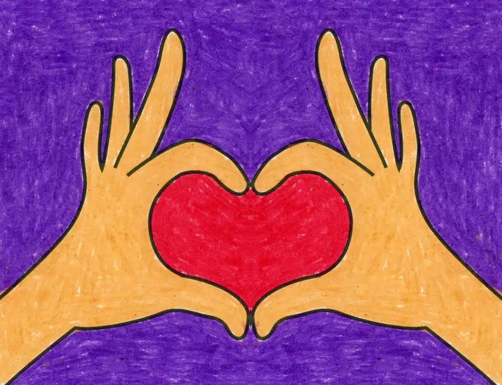 A drawing of two hands making a heart, with the help of a step by step tutorial.