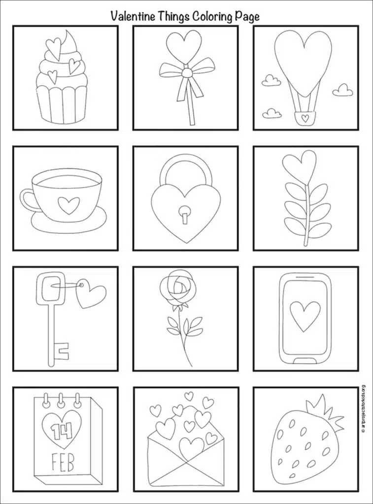 Valentine stuff coloring page, also available as a free download.