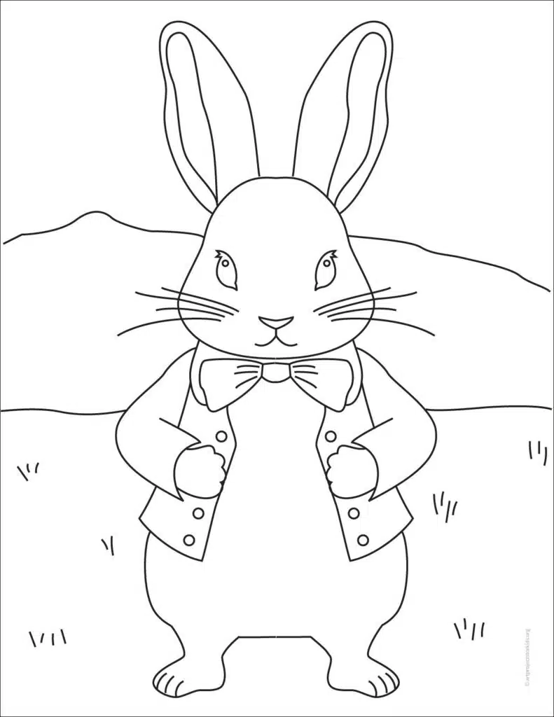Страница раскраски Беатрикс Поттер с изображением кролика Питера доступна для бесплатного скачивания.
