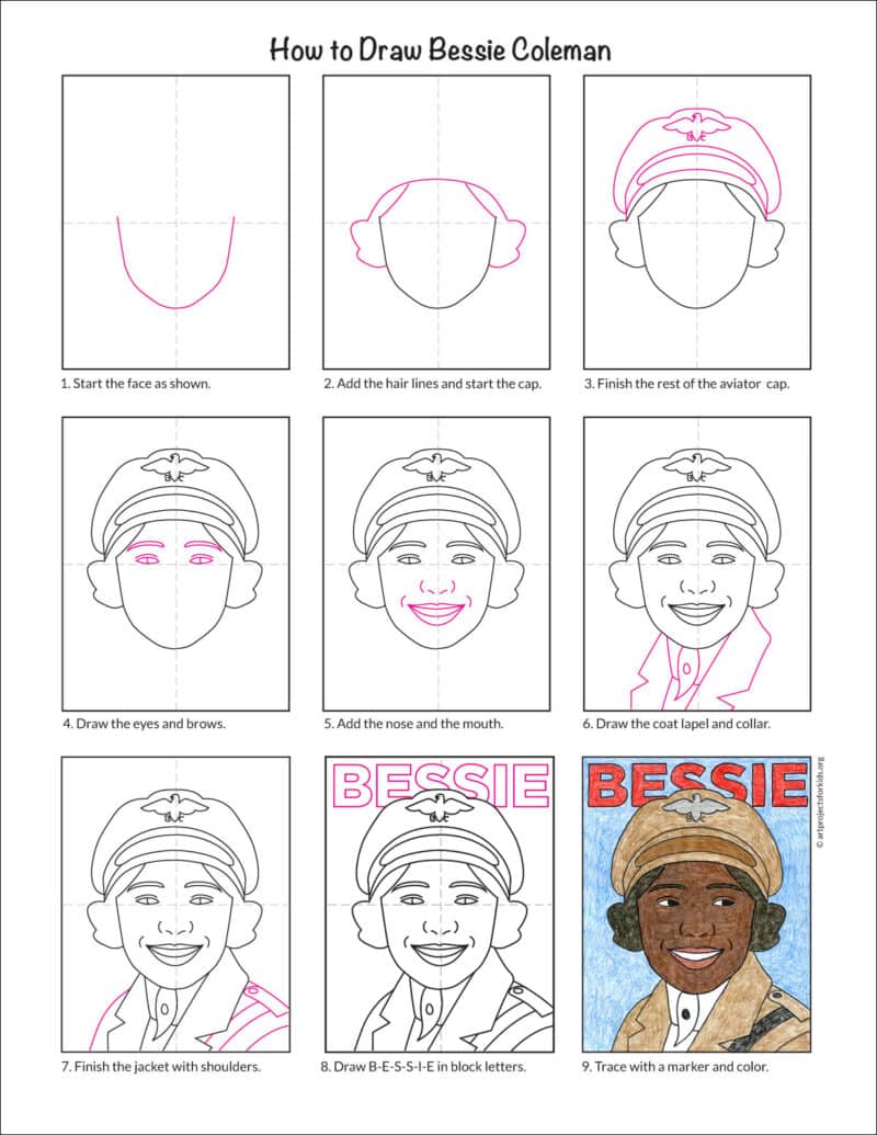 Easy How to Draw Bessie Coleman and Coloring Page