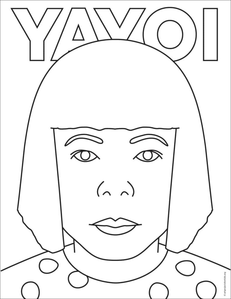 A coloring page for Yayoi, available as a free download.