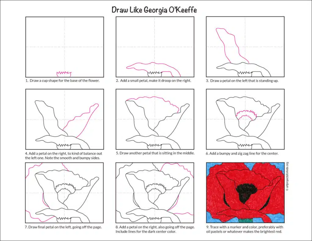 A preview of a step by step tutorial for learning how to draw like Georgia O’Keeffe, available as a free download.