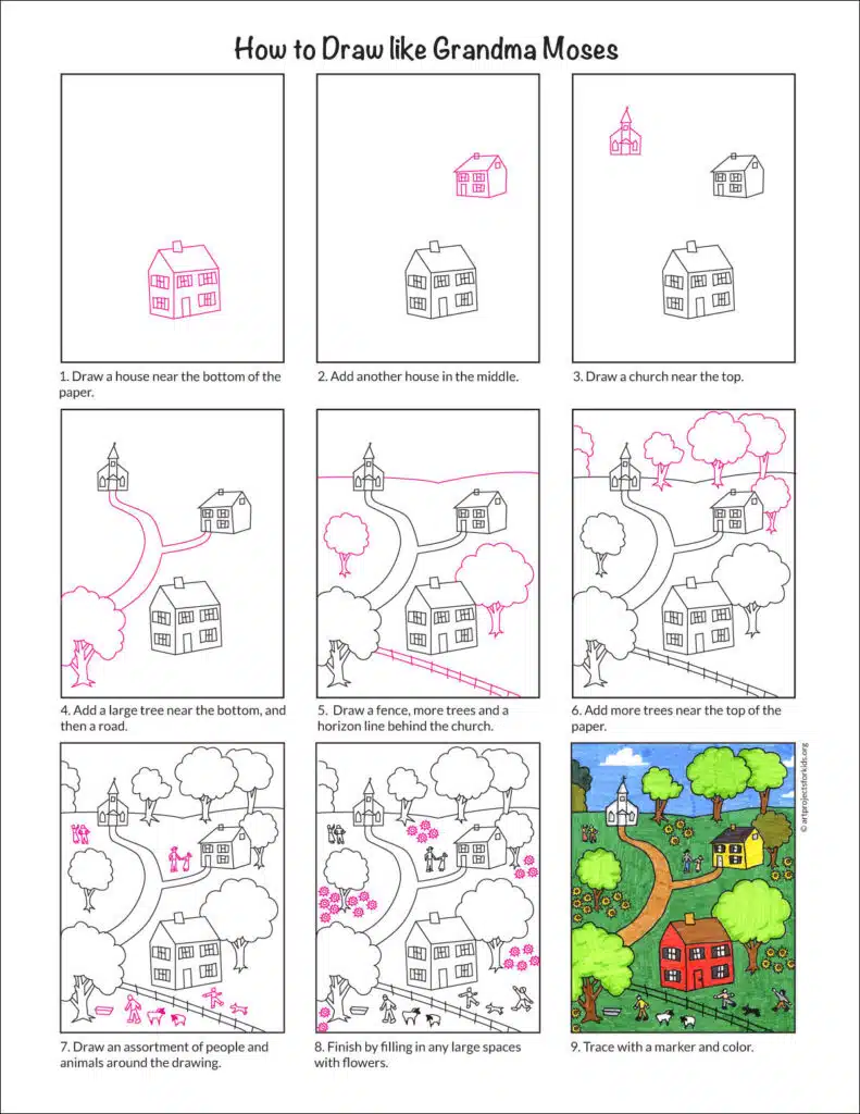 A preview of the step by step tutorial for a Grandma Moses drawing. Available as a free download.